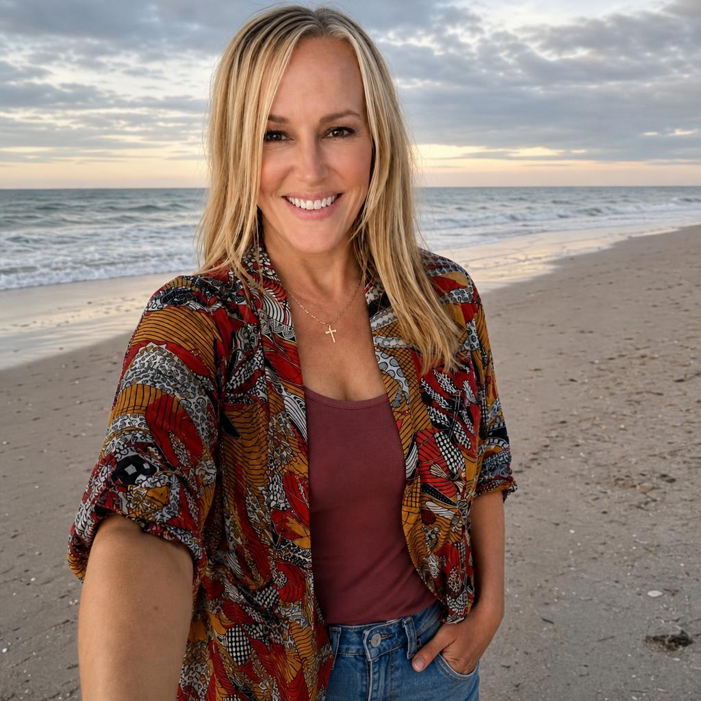 Laura Lane on a beach in a patterned jacket, with the ocean and sky behind her.