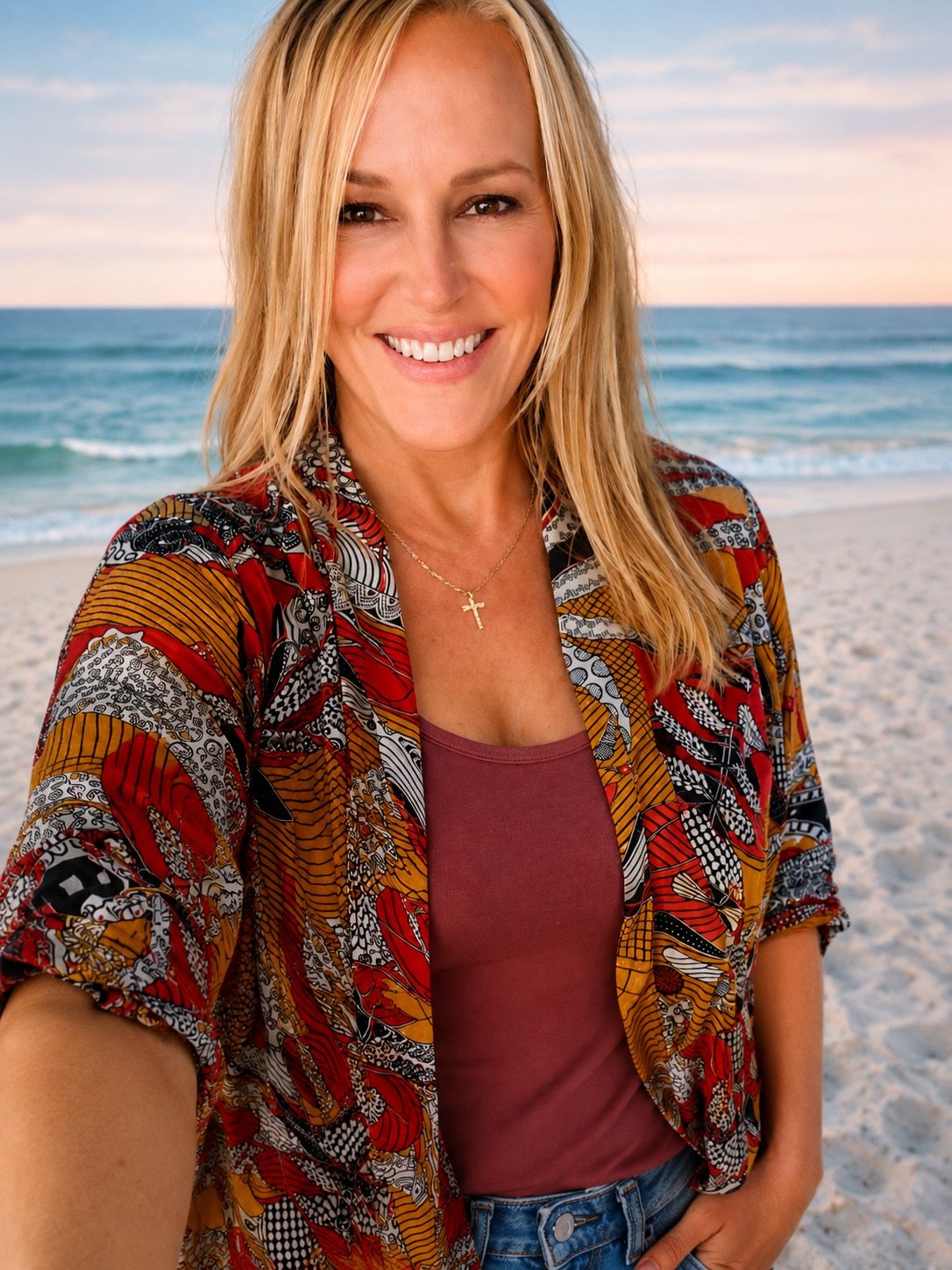 Laura Lane smiling in a patterned jacket with the ocean behind her.