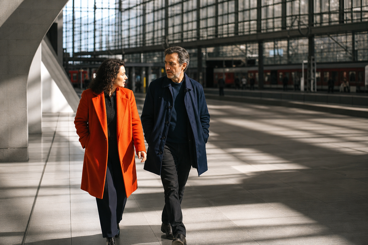 Two adults walk together through a sunlit modern train concourse.